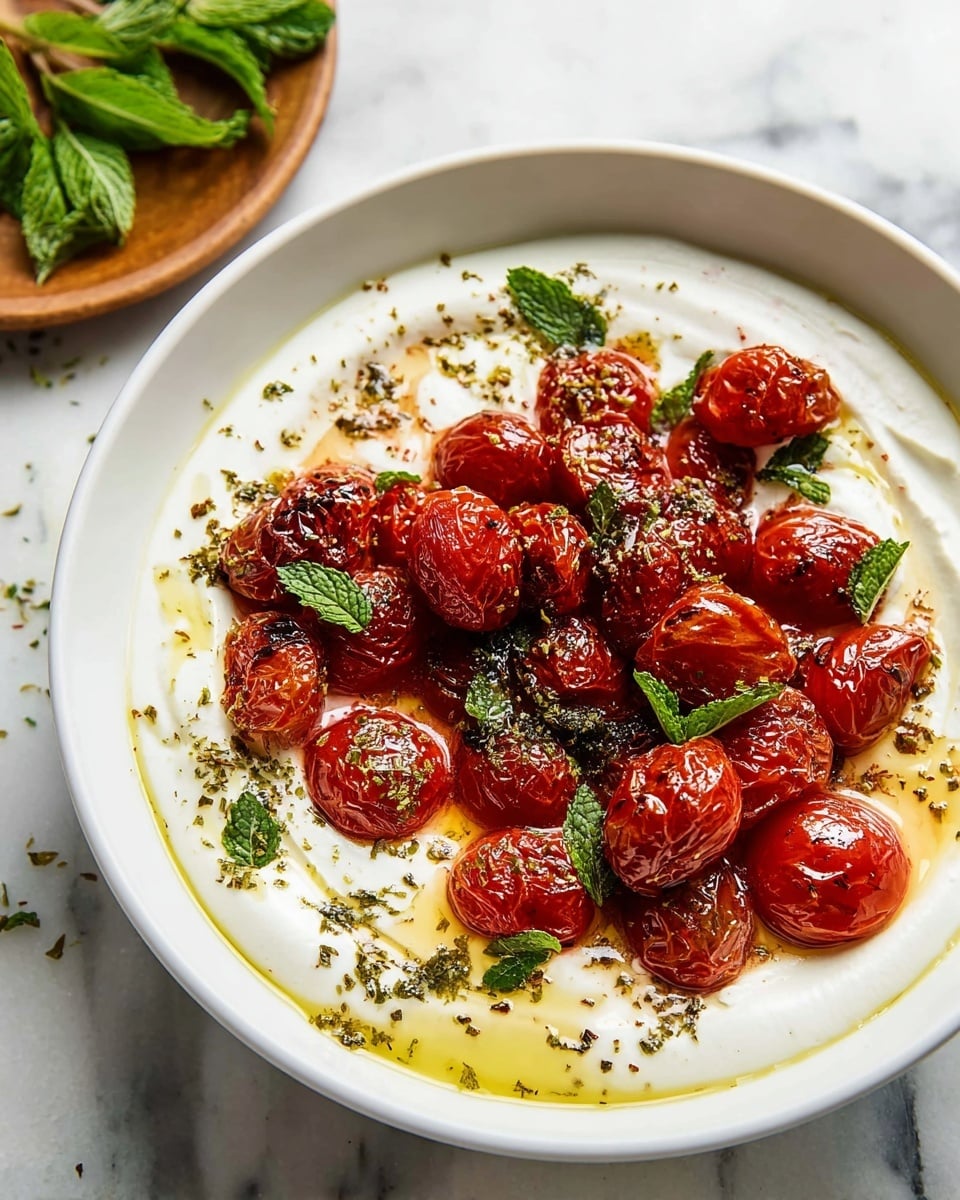 A white bowl holds a creamy white yogurt layer as the base, smooth and spread out evenly. On top, there is a heap of roasted cherry tomatoes with wrinkled red skins, slightly shiny with oil. Scattered over the tomatoes and yogurt are small dark green mint leaves, adding a fresh touch. Light brown and green dried herbs are sprinkled around, with a drizzle of golden oil pooling slightly at the edges. The bowl sits on a white marbled surface with some fresh mint leaves on a small wooden plate in the background. photo taken with an iphone --ar 4:5 --v 7