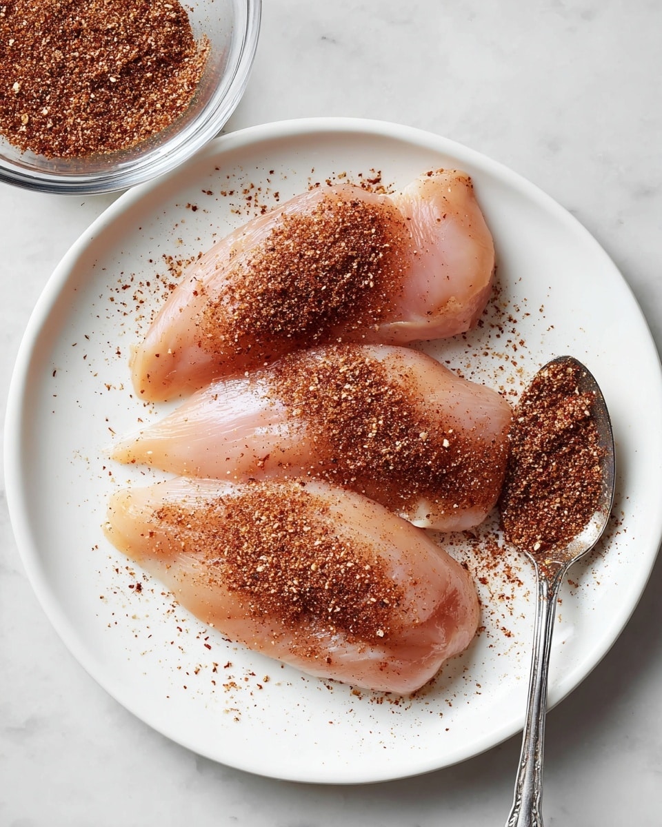 Three raw chicken pieces lay flat on a white plate, each piece lightly covered with a layer of dark reddish-brown spice rub scattered unevenly on the smooth, pale pink surface. A spoon resting on the right side of the plate is spreading more spice on the smallest chicken piece. Above the plate, there is a clear glass bowl filled with more of the same dark spice mix, placed on a white marbled surface that serves as the background. Photo taken with an iphone --ar 4:5 --v 7