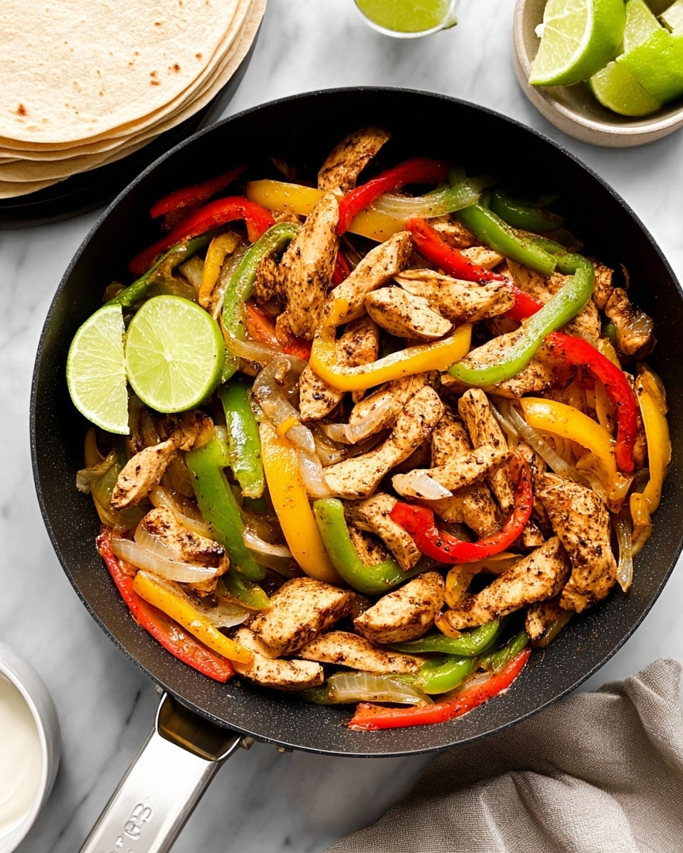 The image shows a black pan filled with cooked sliced chicken and strips of bell peppers in three colors: green, yellow, and red. The chicken pieces are light brown with a grilled texture, mixed evenly with the bell peppers that have a soft, cooked texture. There are also some cooked onion strips added, which are pale yellow and slightly translucent. On the left side of the pan, there are two lime wedges with a juicy, green interior resting on top of the food. The pan is placed on a white marbled surface, and around it, there are stacks of light brown tortillas, white sauce in a bowl, and some cut limes visible. Photo taken with an iphone --ar 4:5 --v 7