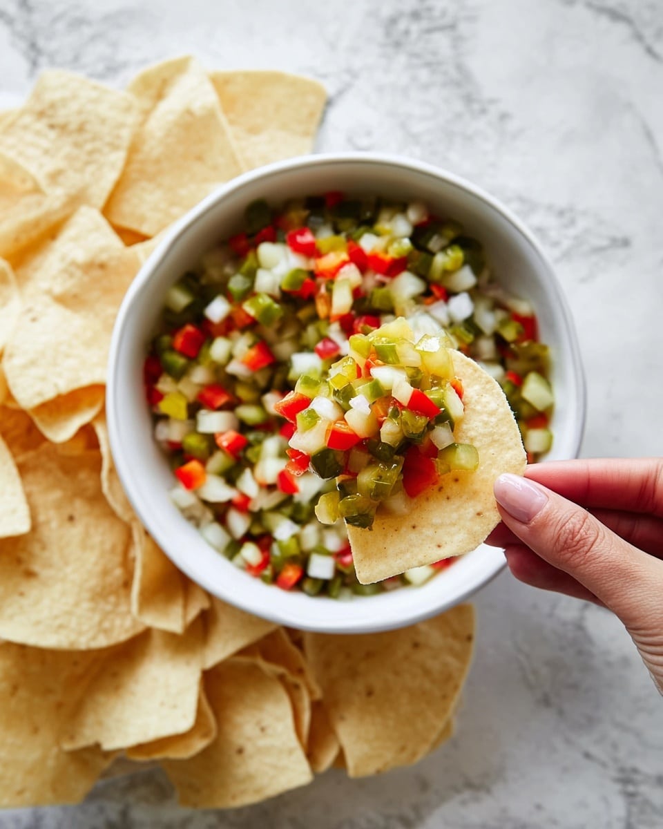 A close-up of a woman's hand holding a single light beige tortilla chip topped with small, diced pieces of bright green pickles, white onions, and red peppers. Below the chip, there is a white bowl filled with the same colorful diced mixture. Surrounding the bowl and the hand are multiple light beige tortilla chips. The whole scene is set on a white marbled surface. photo taken with an iphone --ar 4:5 --v 7