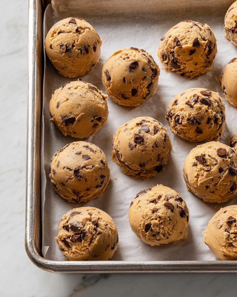 The image shows a metal baking tray filled with twelve rounded scoops of light brown cookie dough mixed with dark chocolate chunks. The dough balls have a slightly rough texture with visible bits of chocolate scattered throughout, and the tray is lined with white parchment paper. The tray sits on a white marbled surface, with soft natural lighting highlighting the dough's texture and color. Photo taken with an iphone --ar 4:5 --v 7