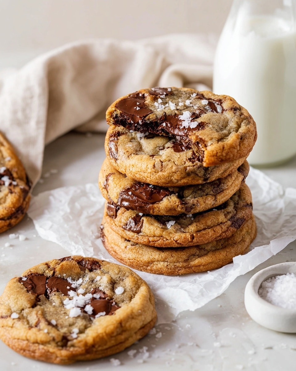 A stack of five thick, round chocolate chip cookies sits on a white marbled surface, resting on crinkled white parchment paper. The top cookie in the stack has a bite taken out of it, revealing a soft and dark chocolate interior with melted chocolate chunks. Next to the stack, a single cookie leans against it, topped with small white flakes, and another cookie lies flat nearby, both showing rich, slightly melted chocolate pieces embedded in a golden-brown, textured dough. In the background, a clear glass bottle filled with white milk and a soft beige cloth add to the cozy setting, while a small white dish of flaky salt is partially visible in the foreground. Photo taken with an iphone --ar 4:5 --v 7
