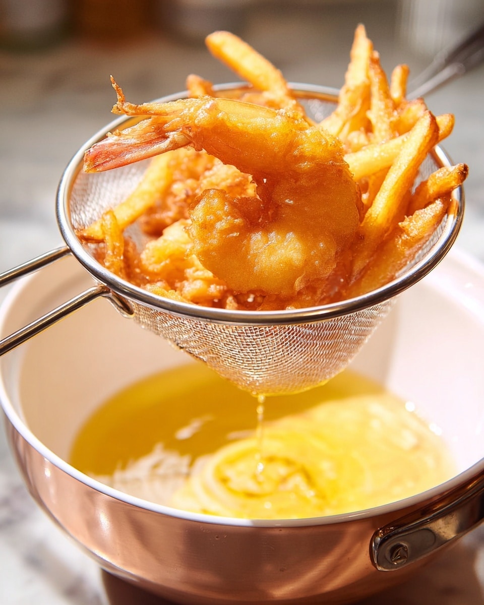 The image shows one deep metal wire strainer holding several pieces of fried food, including a golden-brown shrimp and long thin fries. The fried pieces have a crispy texture and a shiny surface from oil. The strainer is held above a white bowl filled with golden cooking oil. The scene has a soft warm light, and the background is blurred with a white marbled texture below. photo taken with an iphone --ar 4:5 --v 7