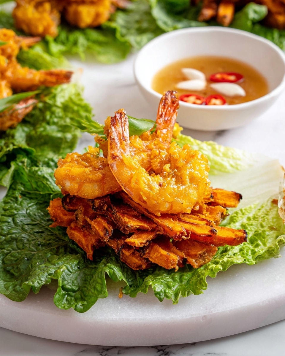 A small pile of golden fried shrimp rests on top of a bed of crispy orange sweet potato fries, which are arranged in a thick layer. This stack is placed on a fresh, large green lettuce leaf with a rough texture and ruffled edges. The lettuce leaf sits on a smooth white plate with a white marbled surface beneath it. In the background, open leaves of similar vibrant green lettuce and other portions of the fried shrimp and sweet potato fries mixture are visible. A small white bowl filled with light brown dipping sauce with slices of red chili peppers and bits of white garlic is placed near the stack. The overall presentation is clean and fresh with bright orange and green colors. photo taken with an iphone --ar 4:5 --v 7