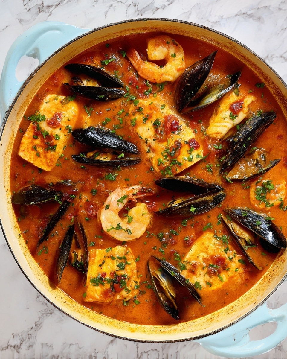 A white enamel pot filled with a rich, orange-red seafood stew showing several layers: the base layer is a thick, smooth tomato broth with visible pieces of chopped red and green herbs, floating on top are medium-sized shrimp with light pink shells, black mussels opened to show the light orange inside, and large chunks of white fish. The stew is garnished evenly with finely chopped green herbs. The pot is placed on a white marbled surface. Photo taken with an iphone --ar 4:5 --v 7