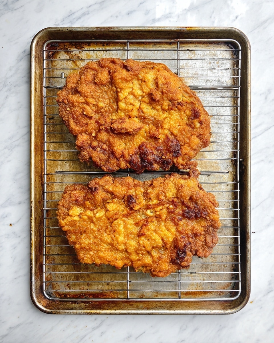 The image shows two large pieces of fried food, each with a rough, uneven texture and a golden-brown color, sitting on a metal wire rack. The frying has created a crispy, crinkly surface with darker spots where the cooking is more intense. The wire rack is placed on a metal baking tray with some rust and discoloration marks, giving an aged, used look. The whole setup is on a white marbled surface. photo taken with an iphone --ar 4:5 --v 7