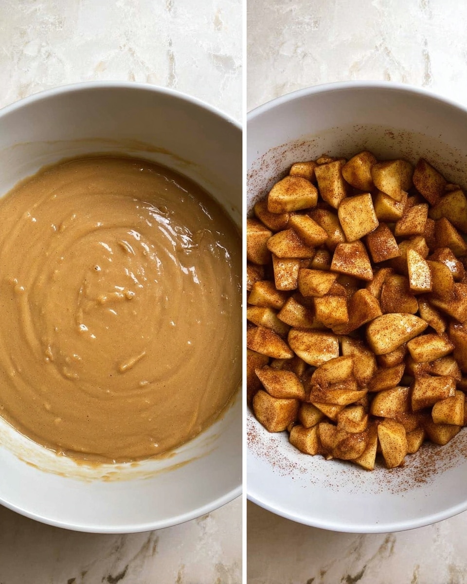 The image shows two rounds of a white bowl on a white marbled surface. On the left, the bowl contains a smooth, spread-out light brown batter with some small apple pieces barely visible under the batter along the edges. On the right, the bowl contains chopped apple pieces coated with a mixture of cinnamon and sugar, showing a warm brown color on each piece, spread evenly across the bowl's bottom. The apples have a soft texture and are slightly wet from the coating. photo taken with an iphone --ar 4:5 --v 7