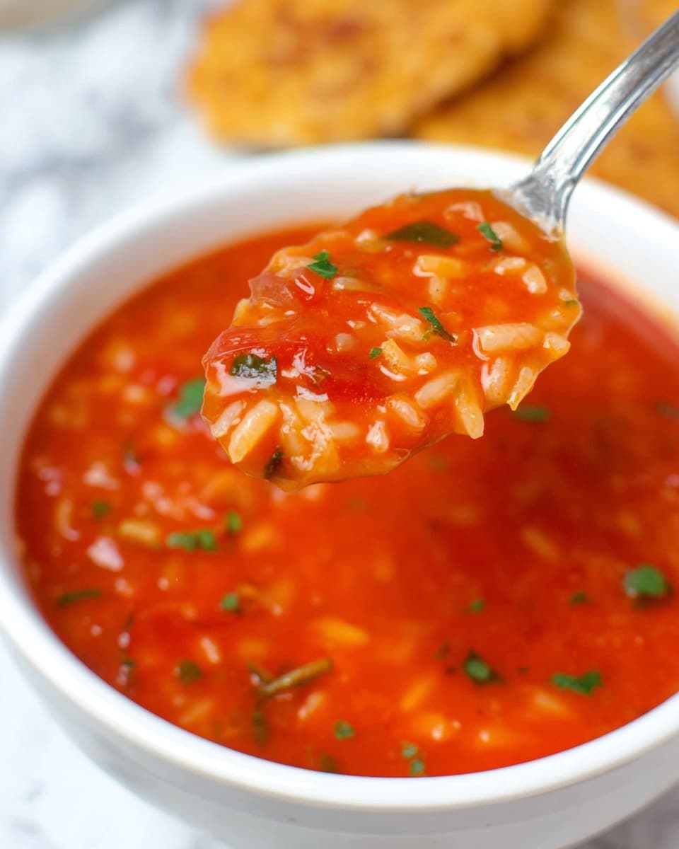 The image shows a close-up of a spoon lifting a portion of bright red tomato soup with small rice pieces and green herb bits. Below the spoon is a white bowl filled with the same soup, thick and chunky with visible rice grains and scattered green herbs. The background is a white marbled texture with a glimpse of a golden brown fried item slightly blurred in the back. photo taken with an iphone --ar 4:5 --v 7