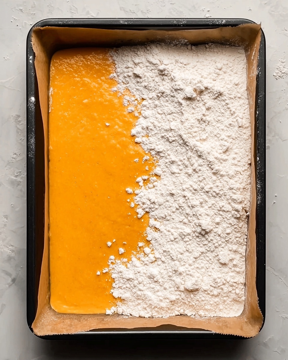A rectangular black baking pan lined with parchment paper filled mostly with smooth bright orange batter. One side of the batter is covered with a generous layer of white flour, unevenly spread from the center toward the edges, partially covering the vibrant orange color underneath. The pan rests on a white marbled surface, and the photo is taken from above showing the contrast between the orange batter and the white flour in the baking pan photo taken with an iphone --ar 4:5 --v 7