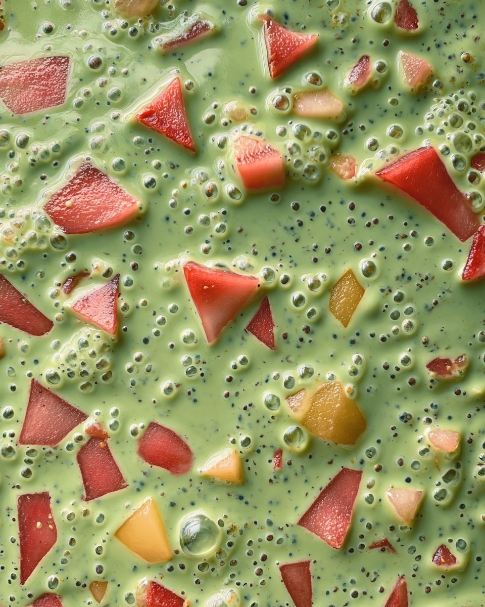 This dish shows a close-up view of a thick, creamy green base mixed with small pieces of red and light peach fruit scattered evenly throughout. The green base has a smooth texture with tiny black spots and small clear bubbles spread over the surface. The fruit pieces vary in size and shape, some triangular and some square, with their colors standing out bright against the green. The overall look is fresh and colorful on a white marbled textured background. photo taken with an iphone --ar 4:5 --v 7