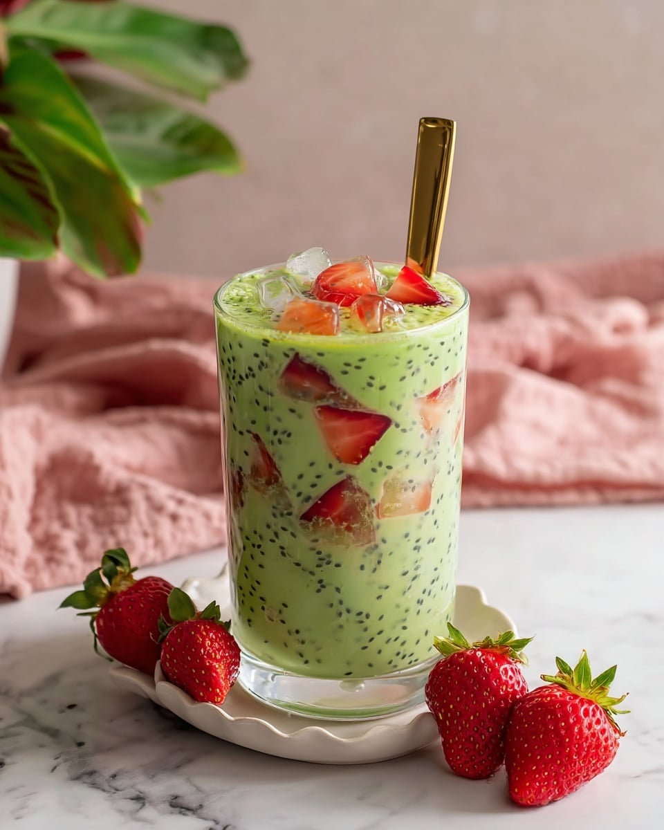 A clear glass is filled with a green drink that has a creamy texture and is mixed with tiny black seeds spread evenly throughout the liquid. Inside the glass, there are bright red strawberry pieces and translucent white jelly cubes floating on top and mixed inside the drink. A golden spoon is placed standing in the glass. The glass sits on a white marbled surface with fresh strawberries beside it on a scalloped white plate. In the background, there is a soft pink cloth and some green leafy plants. Photo taken with an iphone --ar 4:5 --v 7