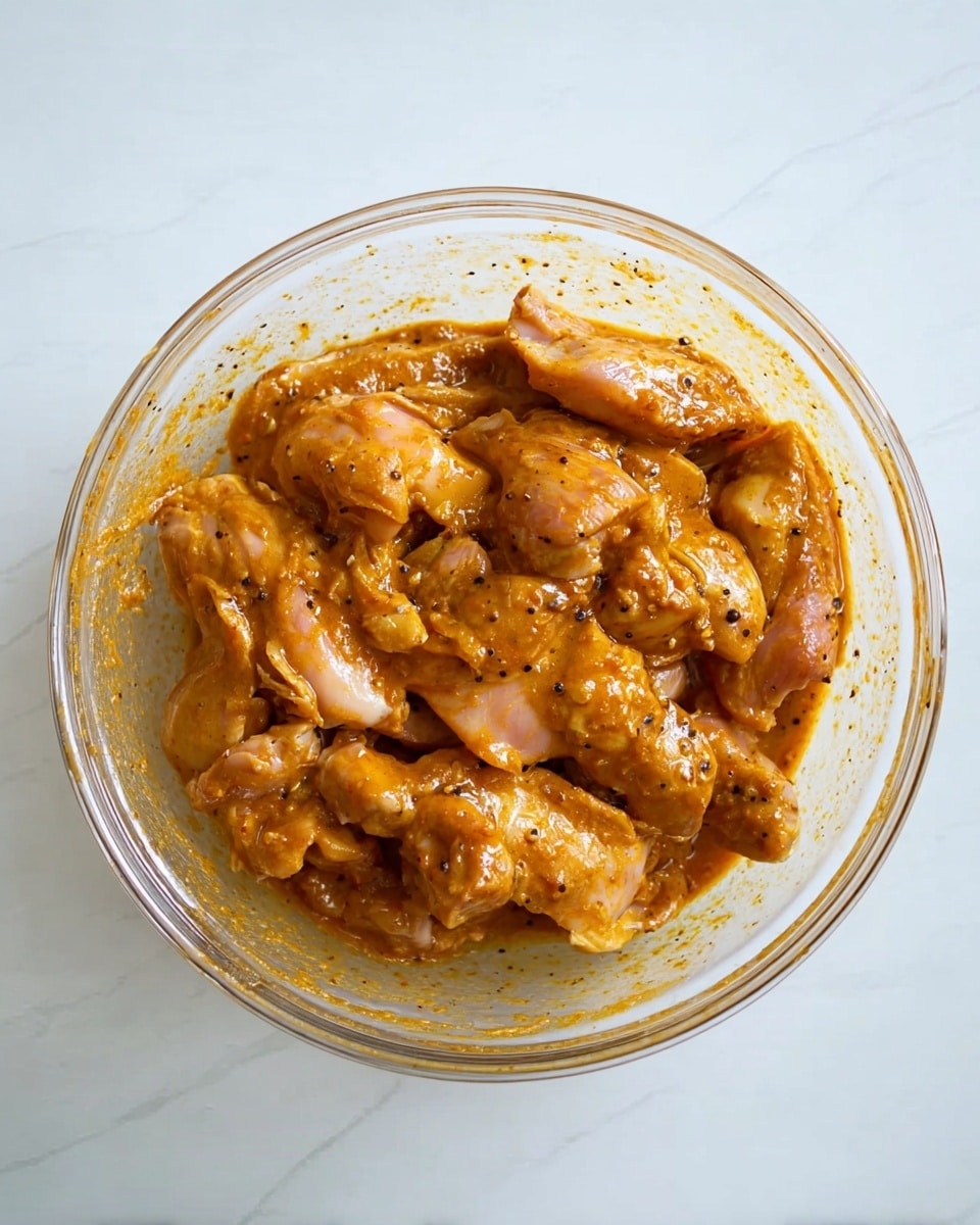 A clear glass bowl filled with multiple pieces of raw chicken coated in a thick, orange-brown marinade with visible specks of spices. The chicken pieces are unevenly shaped and layered closely together, some parts showing a glossy texture from the sauce, all sitting on a white marbled surface. photo taken with an iphone --ar 4:5 --v 7
