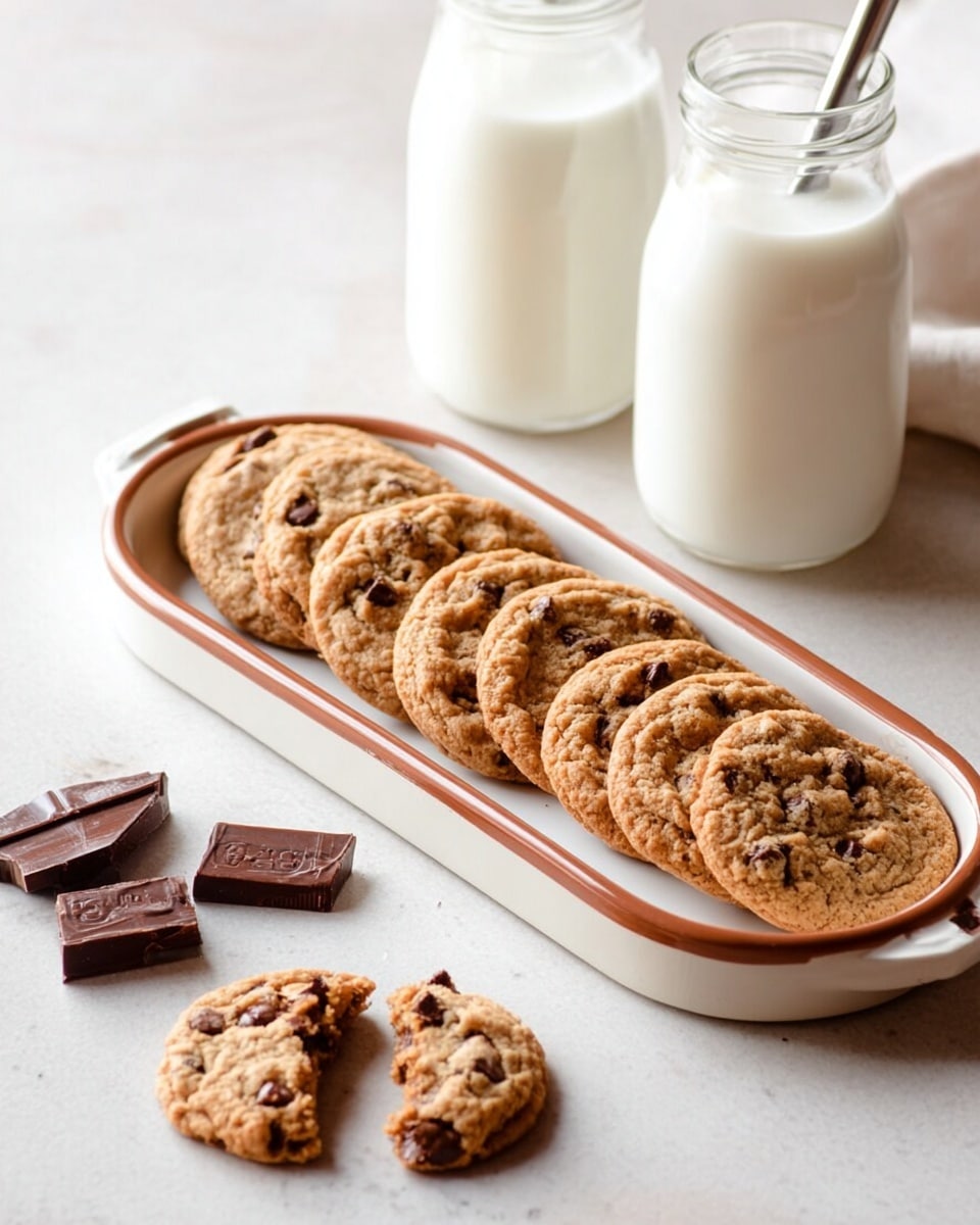 A long white plate with a brown rim holds a neat line of seven golden brown cookies with small dark chocolate chips scattered across their bumpy surfaces. Next to the plate on a white marbled surface are small chunks of dark chocolate and one cookie broken into two uneven pieces showing its crumbly inside texture. Behind the cookies, there are two glass milk bottles filled with fresh white milk, one with a silver metal straw. The whole setup is bright and clean with soft natural light, photo taken with an iphone --ar 4:5 --v 7