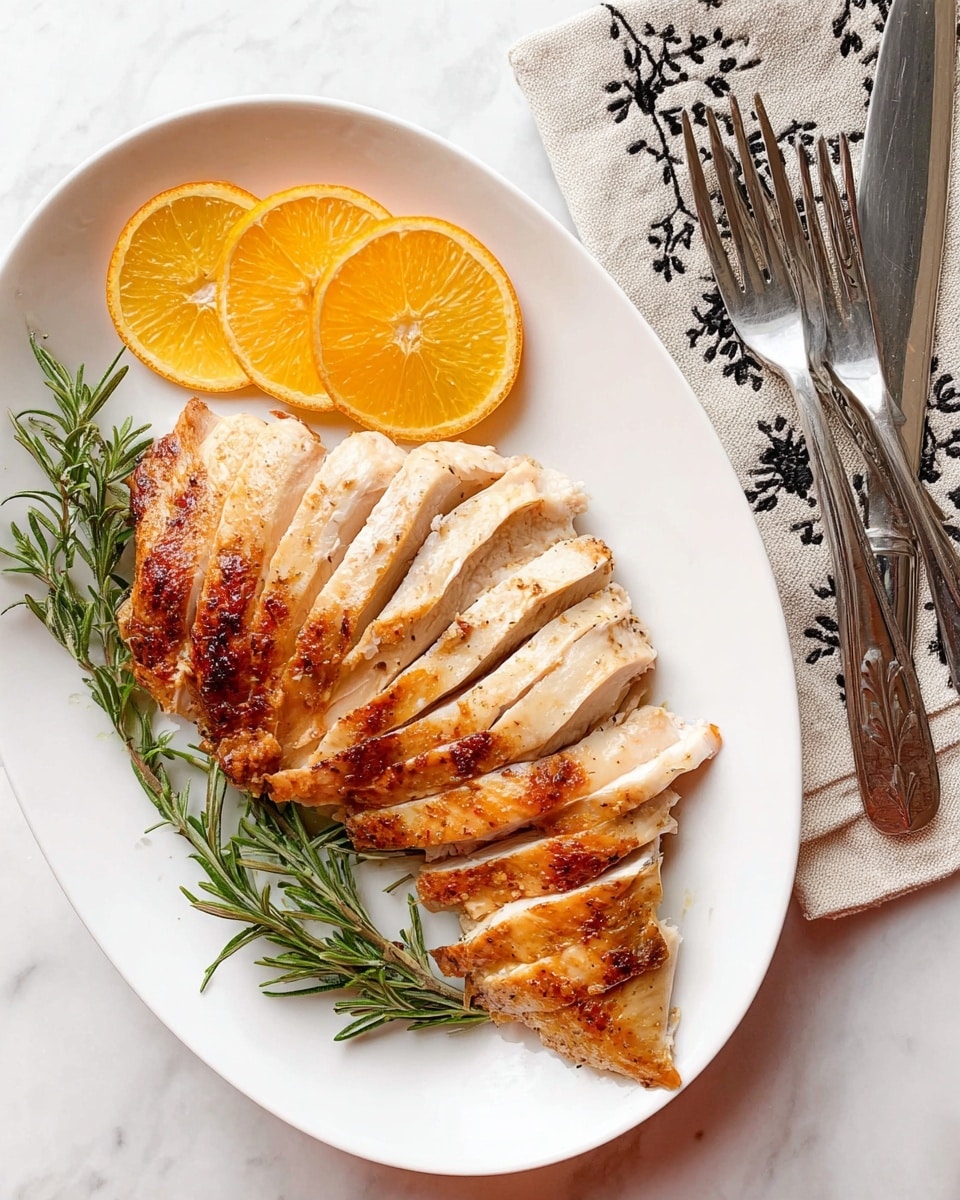The image shows a white oval plate with sliced cooked chicken arranged in a fan shape on the right side. The chicken skin is golden brown and crispy, while the inside is white and juicy. On the left side of the plate, there are two bright orange slices placed next to two green sprigs of rosemary that also lie along the chicken slices. The plate is set on a white marbled surface, with two shiny silver forks and a beige cloth napkin with black designs in the top right corner. Photo taken with an iphone --ar 4:5 --v 7
