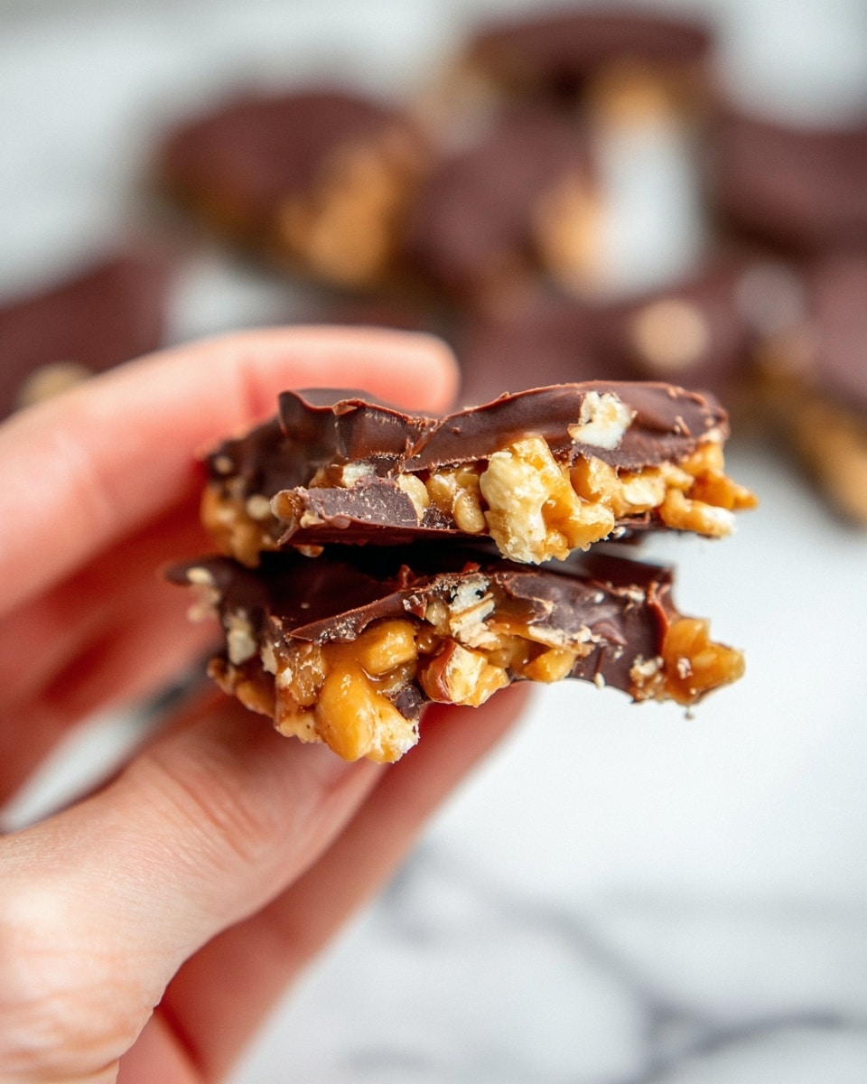 A close-up image shows a woman's hand holding a chocolate and nut cluster. The cluster has two main layers: the top layer is thick, smooth dark brown chocolate with a slightly uneven surface, and the bottom layer is a mix of crunchy light golden nuts and caramel bits that give a textured look. The cluster looks broken on one side, showing the inside with its nut pieces and chewy caramel. The background is softly blurred with more clusters resting on a white marbled surface. Photo taken with an iphone --ar 4:5 --v 7