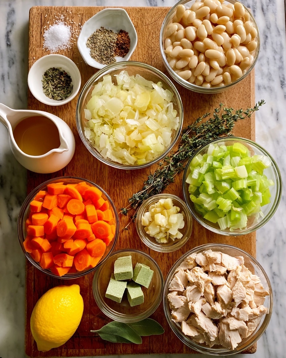The image shows a top view of various ingredients placed on a wooden board over a white marbled surface. There are eight clear glass bowls filled with different chopped food items: bright orange carrot slices in the center, chopped pale yellow onions at the bottom left, light beige chopped cooked chicken at the bottom right, light green chopped celery at the top right, and off-white large beans next to the celery. In the small glass bowl near the middle top is minced garlic, and above the carrots and to the left is a bright yellow lemon. A small white dish at the top left corner contains mixed spices including salt, pepper, bay leaves, and ground herbs. Other items include a light brown broth in a small white pitcher, a piece of light brown cheese or stock, green seasoning cubes, and a sprig of fresh thyme. photo taken with an iphone --ar 4:5 --v 7