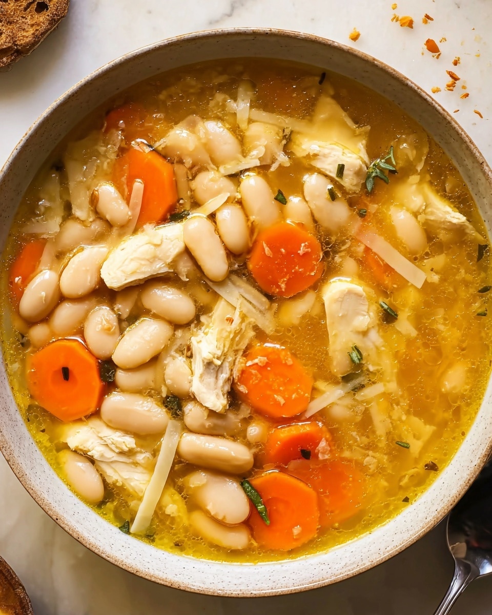 A close-up view of a white bowl filled with rich soup showing several layers and ingredients: the base is a light golden broth with a slight oily shine, floating chunks of white beans scattered throughout, vibrant orange carrot slices cut into rounds, white pieces of tender chicken, thin white pasta strips, and small bits of green herbs sprinkled on top. The bowl rests on a white marbled surface with some scattered crumbs and a part of a spoon and fork seen near the bowl's edge. photo taken with an iphone --ar 4:5 --v 7