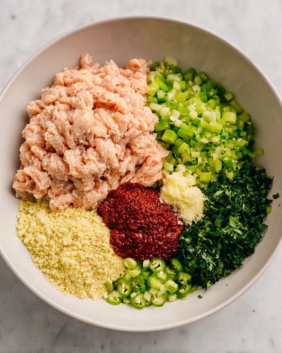 A white bowl on a white marbled surface holds seven separate layers of ingredients. At the back is a large layer of pale pink ground meat with a soft texture. To the left of the meat is a pile of finely chopped bright green celery, and below it is a mound of light yellow breadcrumbs with a crumbly texture. In the center near the front is a small heap of smooth, dark red paste. To the right of the paste are three layers of finely chopped ingredients: a dark green leafy herb, bright green finely diced jalapeño, and a small pile of pale yellow minced garlic near the top right. The colors and textures are clearly separated in the bowl, creating a detailed arrangement. Photo taken with an iphone --ar 4:5 --v 7