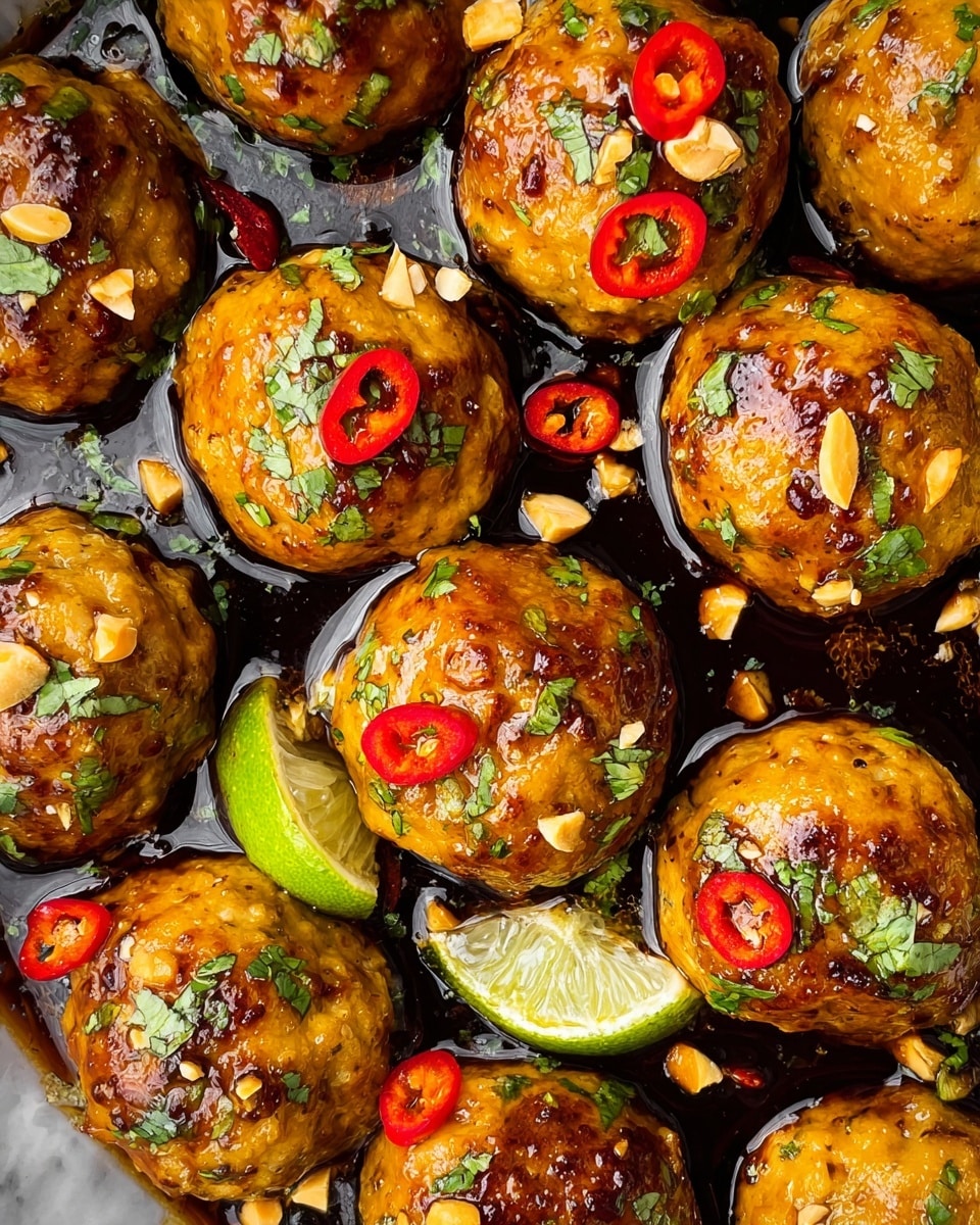 The image shows a close-up of several golden-brown meatballs covered in a shiny, dark sauce. Each meatball has a smooth, slightly textured surface with green herbs sprinkled on top. Bright green lime wedges and thin red chili slices are scattered between the meatballs, adding pops of color. Small pieces of crushed peanuts and red chili flakes are also visible on and around the meatballs. The dish sits on a white marbled surface, which contrasts with the rich colors of the food. photo taken with an iphone --ar 4:5 --v 7