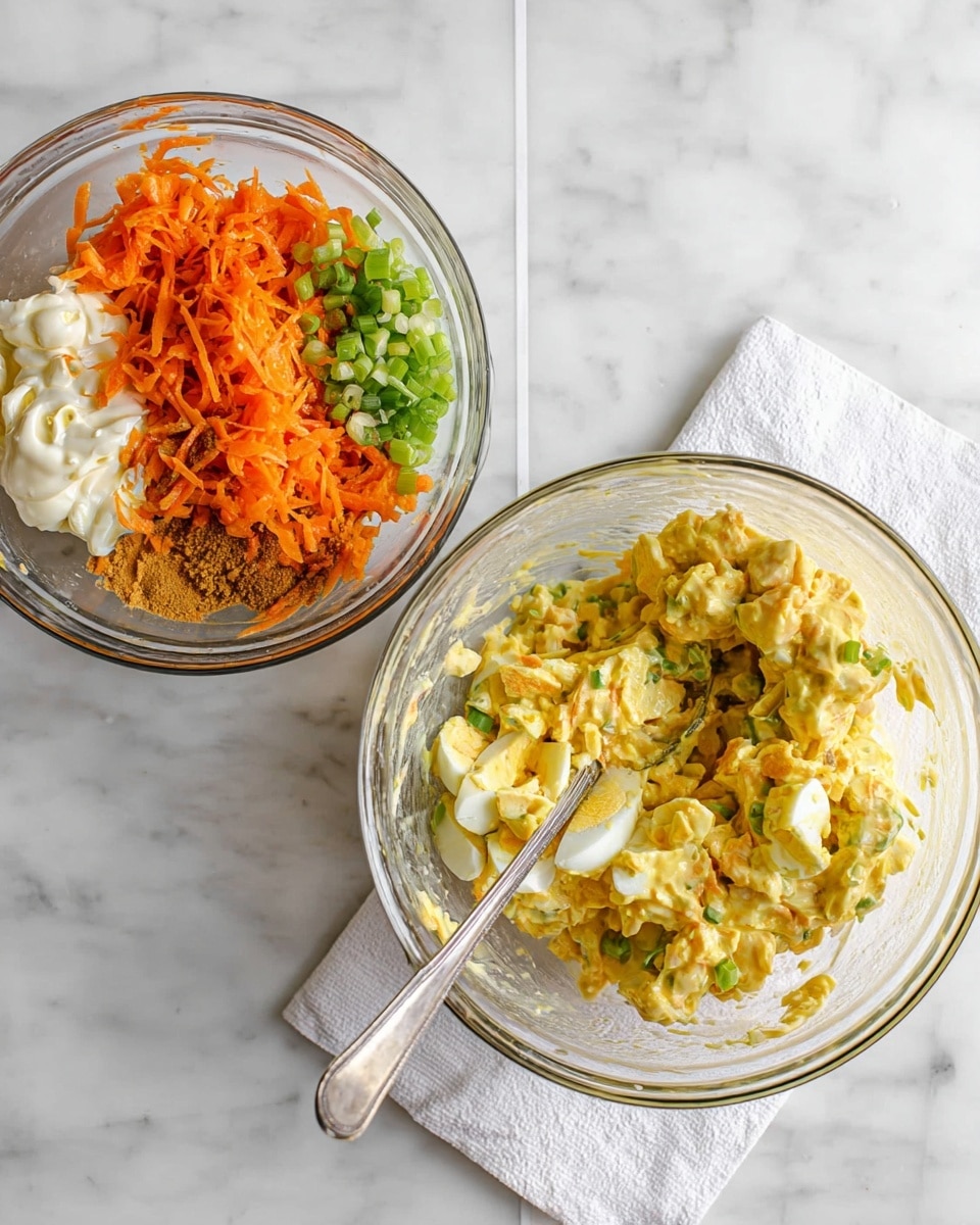 Two clear glass bowls sit on a white marbled surface, one on the left and one on the right, each containing ingredients for a salad. The left bowl has visible separate layers: bright orange shredded carrots on top left, creamy white mayonnaise on top right, bright green chopped spring onions in the center, chopped yellow and white boiled eggs at the bottom, and a light brown spice mix near the bottom left; a silver spoon rests on the right side inside this bowl. The right bowl holds the mixed ingredients, showing a creamy yellow salad with chunks of egg and carrot evenly coated, with some salad sticking to the sides, and a silver spoon inside the bowl on the right; a white cloth is placed partially underneath both bowls. Photo taken with an iphone --ar 4:5 --v 7