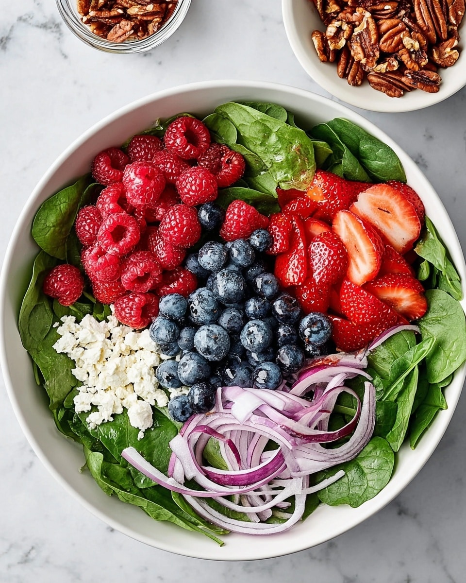 A white bowl filled with a fresh spinach salad arranged in layers starting with a base of bright green spinach leaves covering the bottom and sides. On top, there are ripe red raspberries on the left, a pile of blueberries near the center, and sliced red strawberries to the right, all separated but close to each other. Mixed in the top right corner are chopped pecans adding a brown crunch texture. In the bottom middle part, there is a small heap of white, crumbly cheese next to thinly sliced purple-red onion rings placed on the spinach. The bowl is set on a white marbled surface with a small white bowl of pecans and a glass of pickled red onions visible above and below the main bowl. Photo taken with an iphone --ar 4:5 --v 7