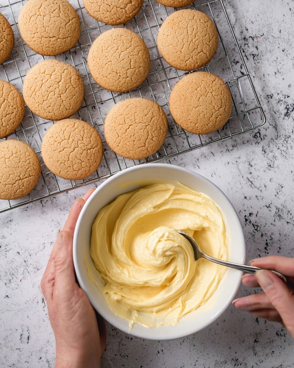 The image shows a close-up of a white bowl filled with thick, creamy yellow frosting being mixed by a woman's hand holding a spoon, while her other woman's hand holds the bowl steady. Above the bowl on a metal cooling rack are about twelve round, light brown cookies with a cracked surface, arranged closely together. The entire scene is set on a white marbled textured surface. photo taken with an iphone --ar 4:5 --v 7