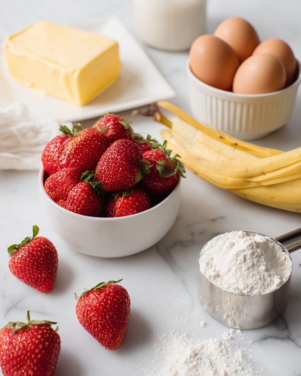 The image shows fresh ingredients on a white marbled surface: a white bowl full of bright red strawberries with green leaves sits near the front, with a few strawberries placed outside the bowl. A peeled banana lies to the right, its yellow peel curled back. Behind the banana, a white bowl holds three brown eggs. Near the front right, a silver measuring cup is filled with white flour, with some flour spilled slightly onto the surface. In the top left corner, a rectangular white plate holds a block of yellow butter. The overall setting is clean and bright, with a soft light coming from the left. Photo taken with an iphone --ar 4:5 --v 7