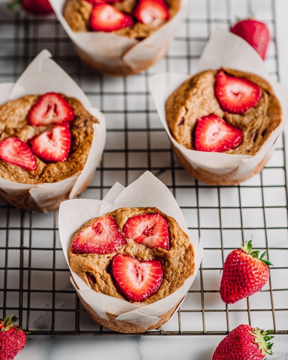 The image shows four muffins on a cooling rack with a white marbled surface underneath. Each muffin is wrapped in white parchment paper forming a loose cup around it. The muffins have a golden-brown top layer with a slightly cracked texture and are decorated with three or four fresh red strawberry slices placed evenly on their surface. There are also a few whole fresh strawberries placed near the muffins on the marbled background. The scene is bright and clear, with a focus on the muffins' detail and the fresh strawberries photo taken with an iphone --ar 4:5 --v 7