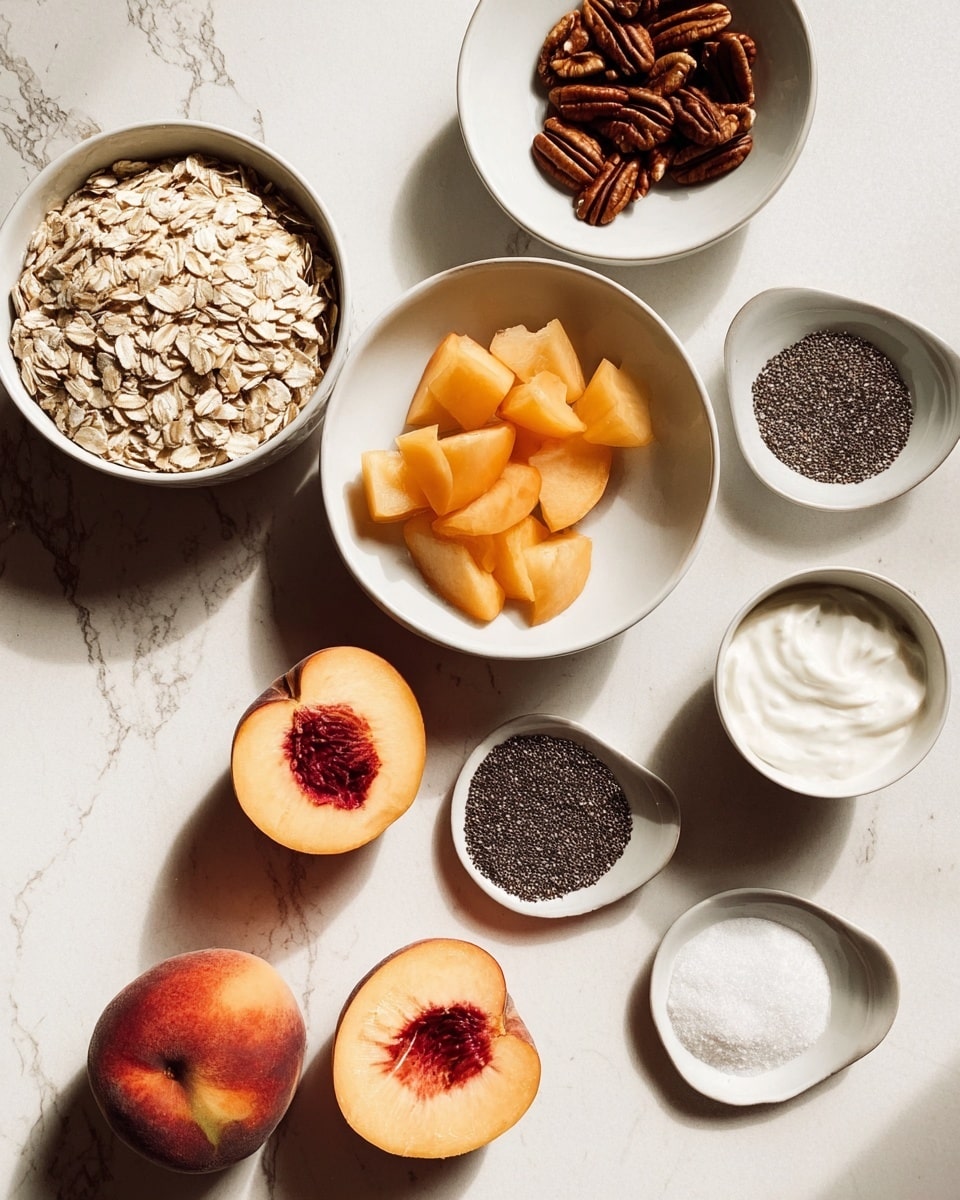 The image shows a flat lay of various food ingredients arranged neatly on a white marbled surface. There are seven white bowls and plates, each holding different items: one bowl filled with light brown rolled oats, one with small orange peach slices, another with whole pecans, and another with a creamy white yogurt-like substance. Additionally, there are smaller dishes containing black chia seeds, white powdered sugar, and a small amount of dark brown ground coffee or cocoa. Two halves of a whole peach with a reddish seed cavity are placed on the surface next to the bowls, adding a fresh touch to the scene. The lighting is soft and natural, highlighting the textures and warm, earthy colors of the ingredients. photo taken with an iphone --ar 4:5 --v 7