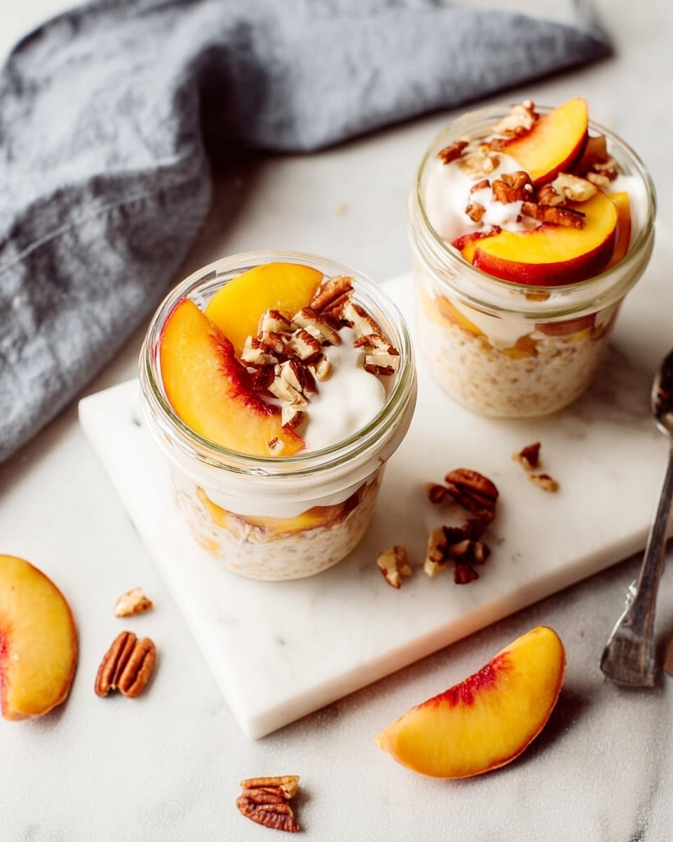 Two small clear glass jars are placed on a white marbled surface with a white cutting board beneath one jar. Each jar has three layers: at the bottom is a creamy oatmeal layer, then a topping of fresh peach slices with yellow and red skin, and a drizzle of white yogurt on top. The jars are garnished with small pieces of brown pecans. Around the jars, there are scattered peach pieces and pecans on the white marbled surface, with a gray cloth in the background and a spoon placed to the right. Photo taken with an iphone --ar 4:5 --v 7