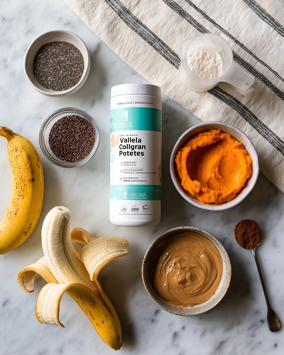 The image shows a top view of a focused food arrangement on a white marbled surface. In the center, a white container labeled