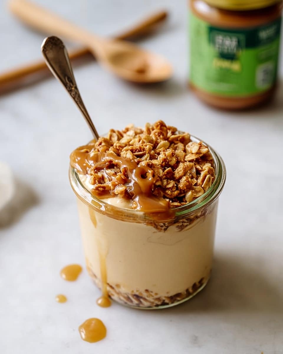 A clear glass jar filled with two main layers: the bottom layer is smooth and creamy in a light tan color, topped with a thick layer of golden brown granola pieces. On top of the granola, there are streaks of a darker caramel-colored creamy drizzle. A vintage silver spoon is placed inside the jar on the left side, slightly angled. The jar sits on a white marbled surface with a few drops of the caramel-colored drizzle around it. In the background, a jar with a green label and a wooden spoon are blurred but visible. Photo taken with an iphone --ar 4:5 --v 7