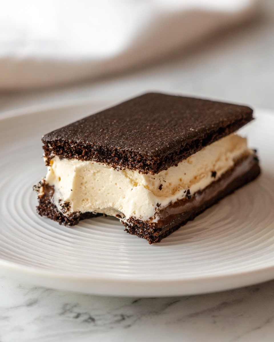A close-up view of an ice cream sandwich sitting on a white plate with subtle concentric circles. The sandwich has three layers: the top and bottom layers are dark brown, slightly textured chocolate biscuit squares, and the middle layer is a thick slab of creamy, light beige ice cream. A bite is missing from the right side of the sandwich, showing the smooth ice cream and crumbly biscuit edges. The plate rests on a white marbled surface with soft, neutral tones in the background. photo taken with an iphone --ar 4:5 --v 7