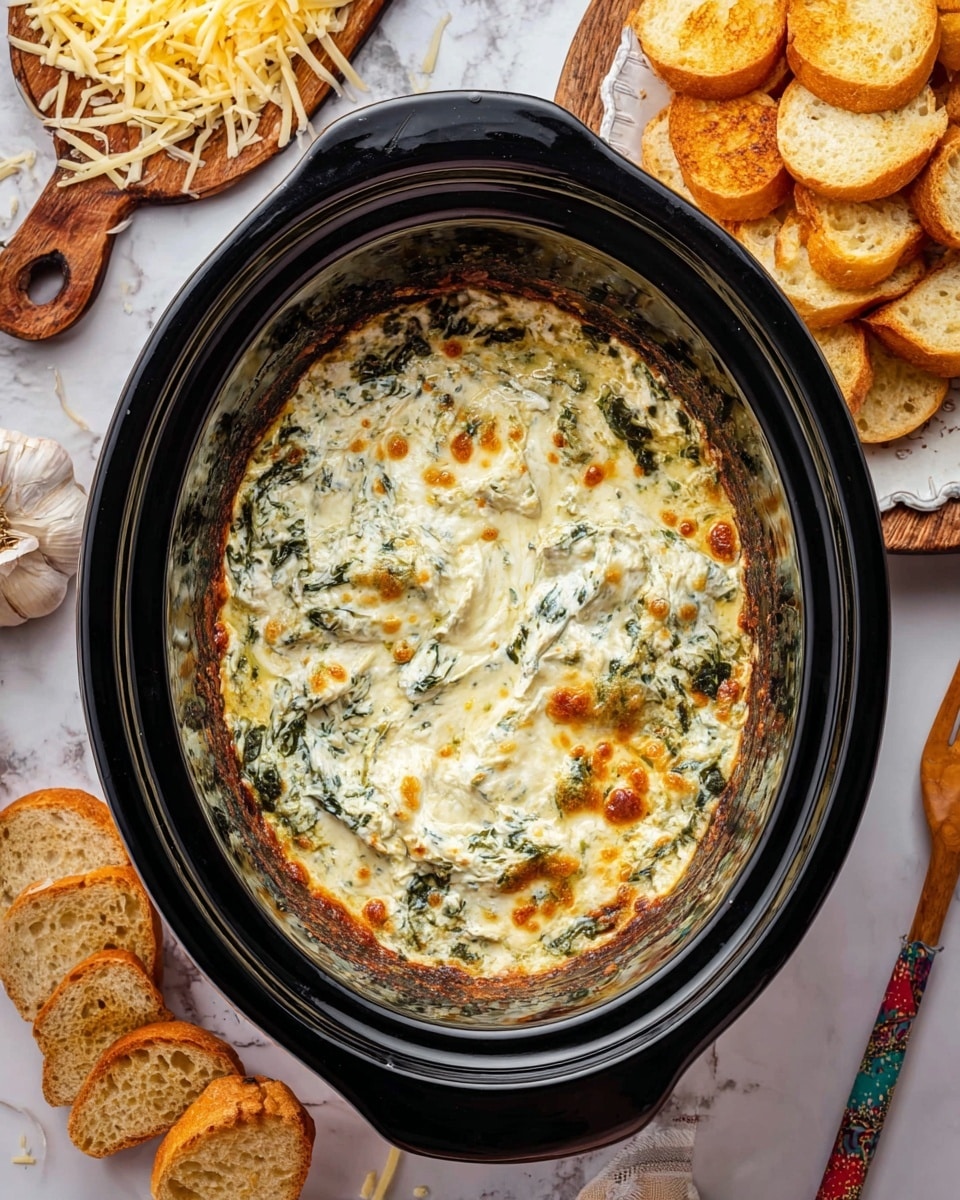 A black slow cooker is full of baked spinach and cheese dip with a golden brown, bubbly top layer showing spots of darker brown where the cheese has melted and crisped, with creamy white and green spinach pieces visible underneath. The cooker sits on a white marbled surface surrounded by a white plate filled with golden toasted bread slices in the top right, a wooden board with shredded yellow and white cheeses in the top left, whole garlic bulbs in the bottom left and right, and a wooden fork with a multicolored handle in the bottom right. photo taken with an iphone --ar 4:5 --v 7