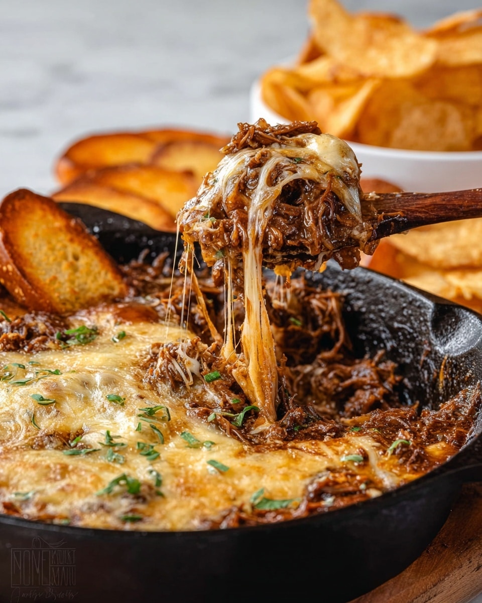 A close-up of a black cast iron skillet filled with a rich, brown shredded beef dip mixed with melted cheese that is light yellow and stringy, stretching as a wooden spoon lifts a large, gooey scoop of the dip. The dip is topped with small green herb pieces sprinkled over the surface. Around the skillet, there are golden toasted bread slices and light brown potato chips placed in a white bowl with a white marbled surface underneath. The scene looks warm and inviting. photo taken with an iphone --ar 4:5 --v 7