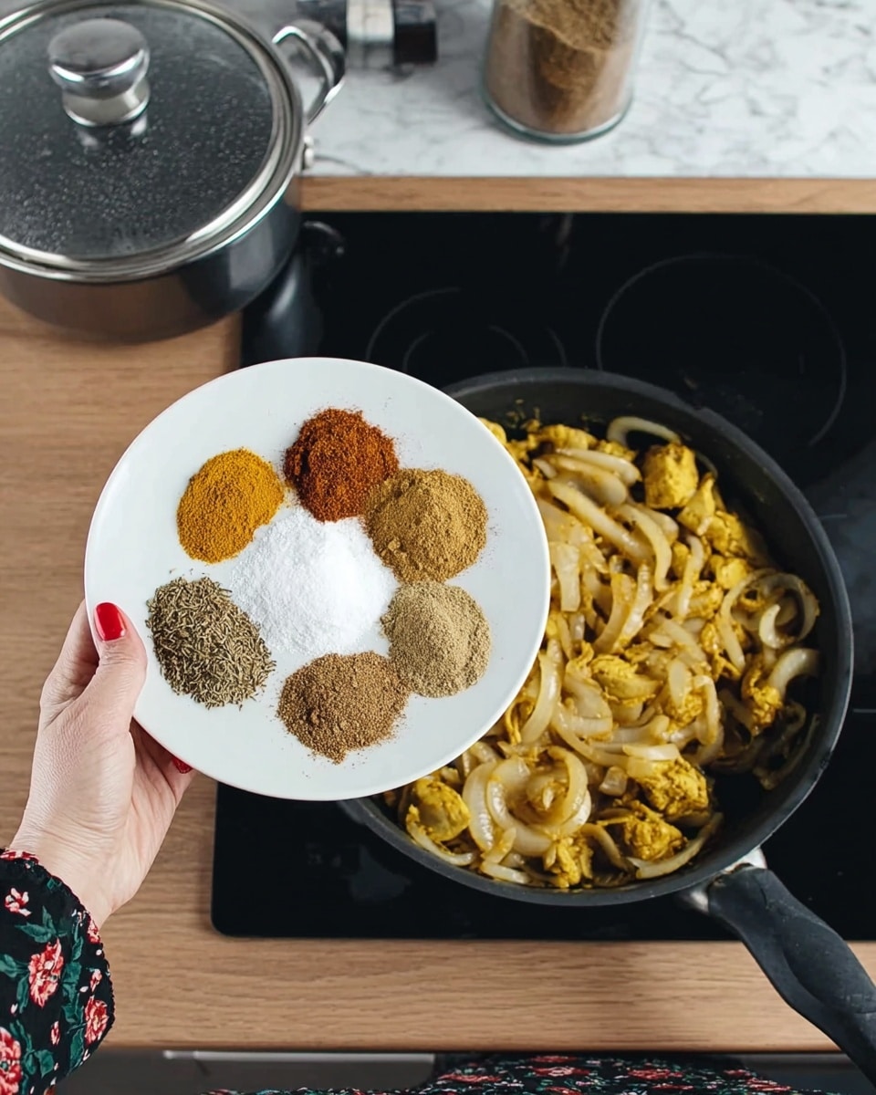 A white round plate held by a woman's hand shows five different spices arranged in small piles in a circle around a pile of white salt in the center. Below the plate, a black frying pan on a black stovetop holds cooked yellowish-brown pieces of meat mixed with sliced white onions. The scene is set on a wooden counter next to a pot with a lid, all on a white marbled surface. The woman's nails are painted red, and she wears a dark floral dress. photo taken with an iphone --ar 4:5 --v 7