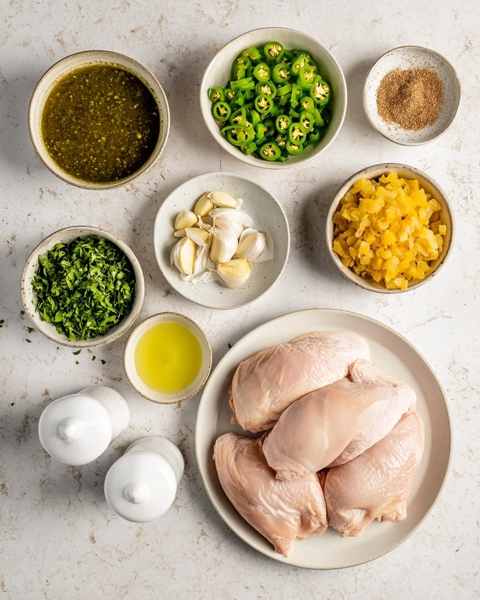 The image shows a collection of ingredients arranged neatly on a white marbled surface. There are four large pieces of raw chicken placed on a white plate at the bottom right. Above and around the chicken, there are several small white bowls each containing different items: a large bowl with a green sauce or salsa at the top left, a bowl with chopped green jalapeños directly above the chicken, a bowl of yellow chopped pickles to the top right, a bowl with a brown spice below the chicken to the left, a small bowl with peeled garlic next to it, and a small bowl with a clear yellow liquid slightly above. There is also a bowl filled with chopped green herbs near the bottom left and two white salt and pepper shakers at the bottom. The layout is clean and organized, showing a variety of textures and colors from green to yellow and brown. photo taken with an iphone --ar 4:5 --v 7