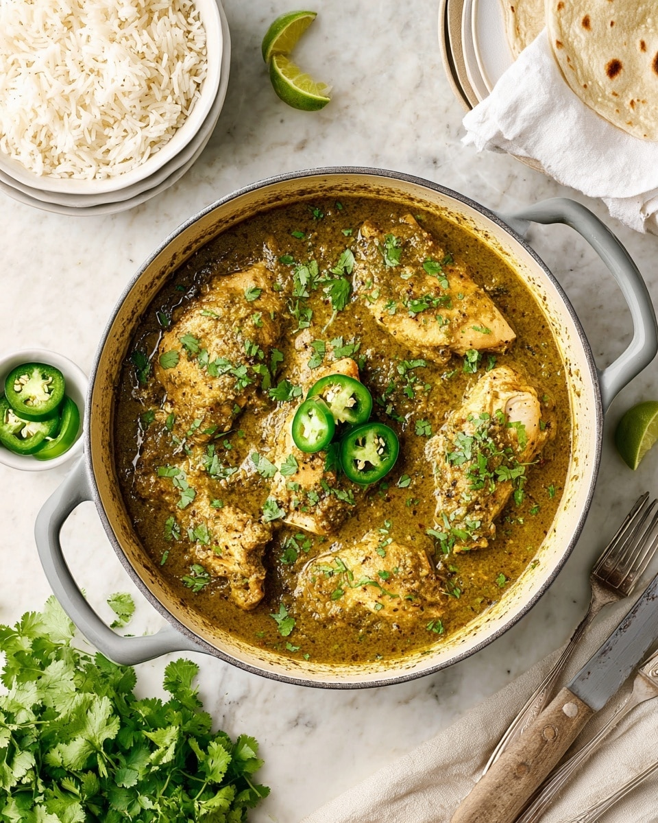 A round pot with gray handles holds six chicken pieces covered in green sauce and topped with chopped cilantro and three slices of green jalapeño in the center. The sauce is thick and textured with visible bits of spices, surrounding the chicken pieces which are light brown and tender. Around the pot, a white marbled surface is set with a bowl of white rice on top of stacked white plates in the upper left corner, two folded tortillas wrapped in a white cloth in the upper right, a sliced green jalapeño and a knife on the right side, a bunch of fresh cilantro in the lower left corner, and three silver forks stacked near the bottom right. The overall look is fresh and colorful with a clear focus on the green sauce dish photo taken with an iphone --ar 4:5 --v 7