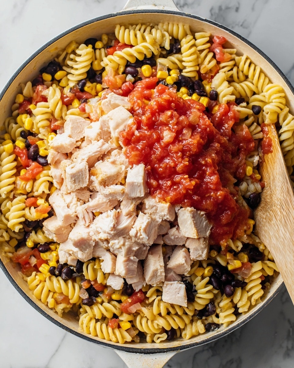 The image shows a white pan filled with three main layers of food. The bottom layer is a mix of yellow corn, black beans, and red diced tomatoes. On top of this, there is a layer of curly pasta, light yellow in color with a slight shine, mixed again with the vegetable layer beneath. The top layer features chunks of pale, cooked chicken spread across the middle. Some red tomato sauce is spread in the middle under the chicken, giving a bright red contrast against the yellow pasta and corn. A wooden spatula is partly visible on the right side, stirring the food. The pan sits on a white marbled surface. photo taken with an iphone --ar 4:5 --v 7