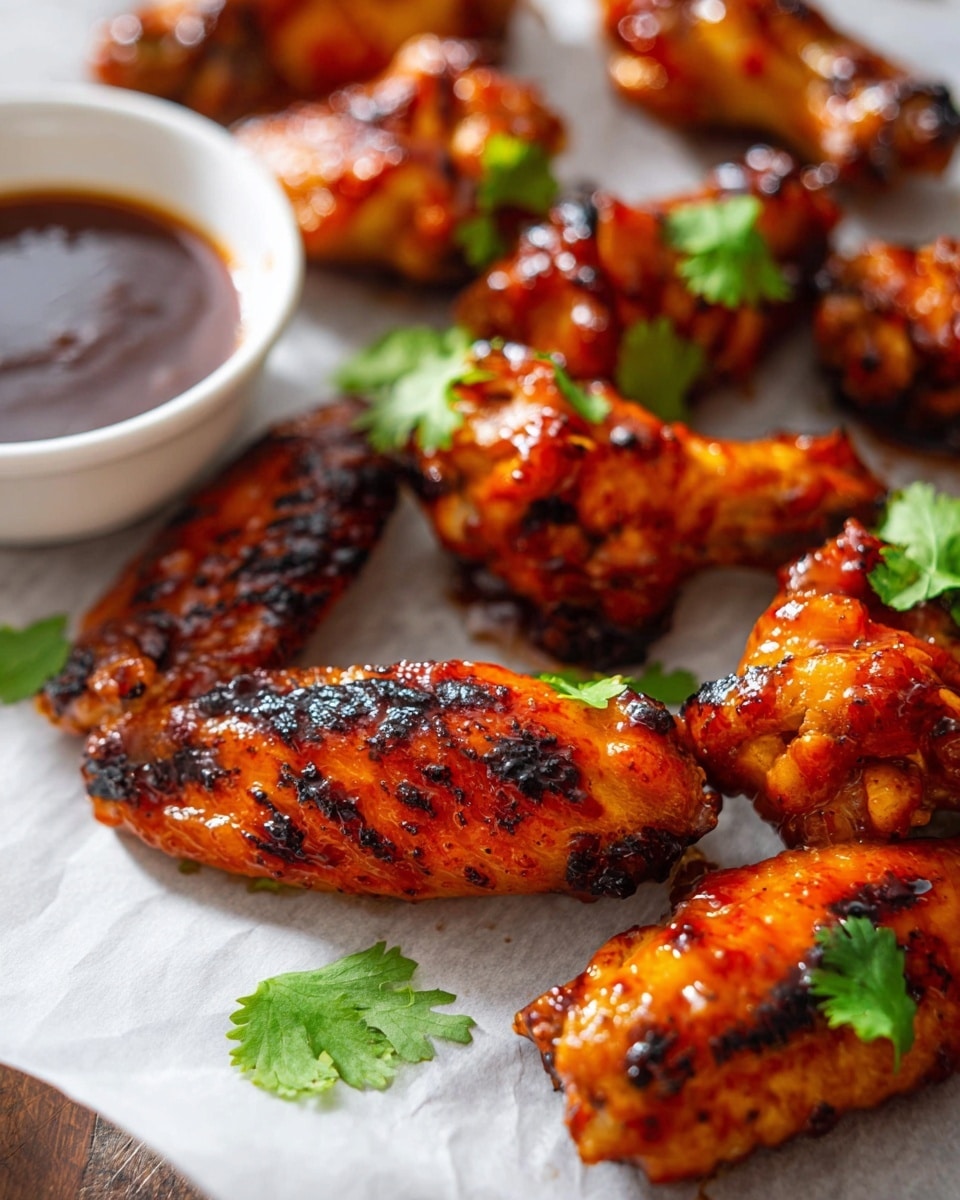The image shows a close-up of several grilled chicken wings arranged on a white marbled surface with a white paper lining underneath. Each wing has a shiny, reddish-brown glaze with charred spots, giving a tasty and slightly crispy look. There are fresh green cilantro leaves scattered among the wings, adding a pop of green color. To the left side, there is a small round white bowl filled with a dark brown dipping sauce, partially in focus. The background is softly blurred, focusing attention mainly on the wings and sauce. The lighting highlights the gloss of the sauce and the texture of the grilled wings. photo taken with an iphone --ar 4:5 --v 7