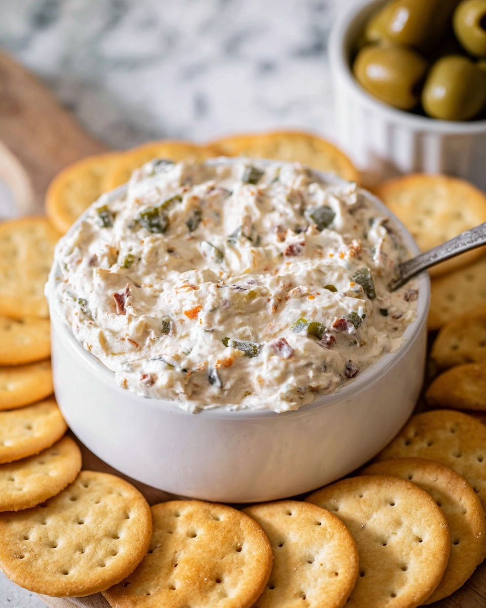 A small white bowl filled with a thick, creamy dip that has a mixed texture showing small chunks of green and orange bits throughout. The dip has a light off-white color with specks of seasoning mixed in, creating a slightly speckled look on the surface. Around the bowl are several round golden-yellow crackers neatly arranged in a circular pattern, their smooth surfaces and tiny holes clearly visible. A small white bowl with green olives is seen blurred in the background on the right side, set on a white marbled surface. Photo taken with an iphone --ar 4:5 --v 7