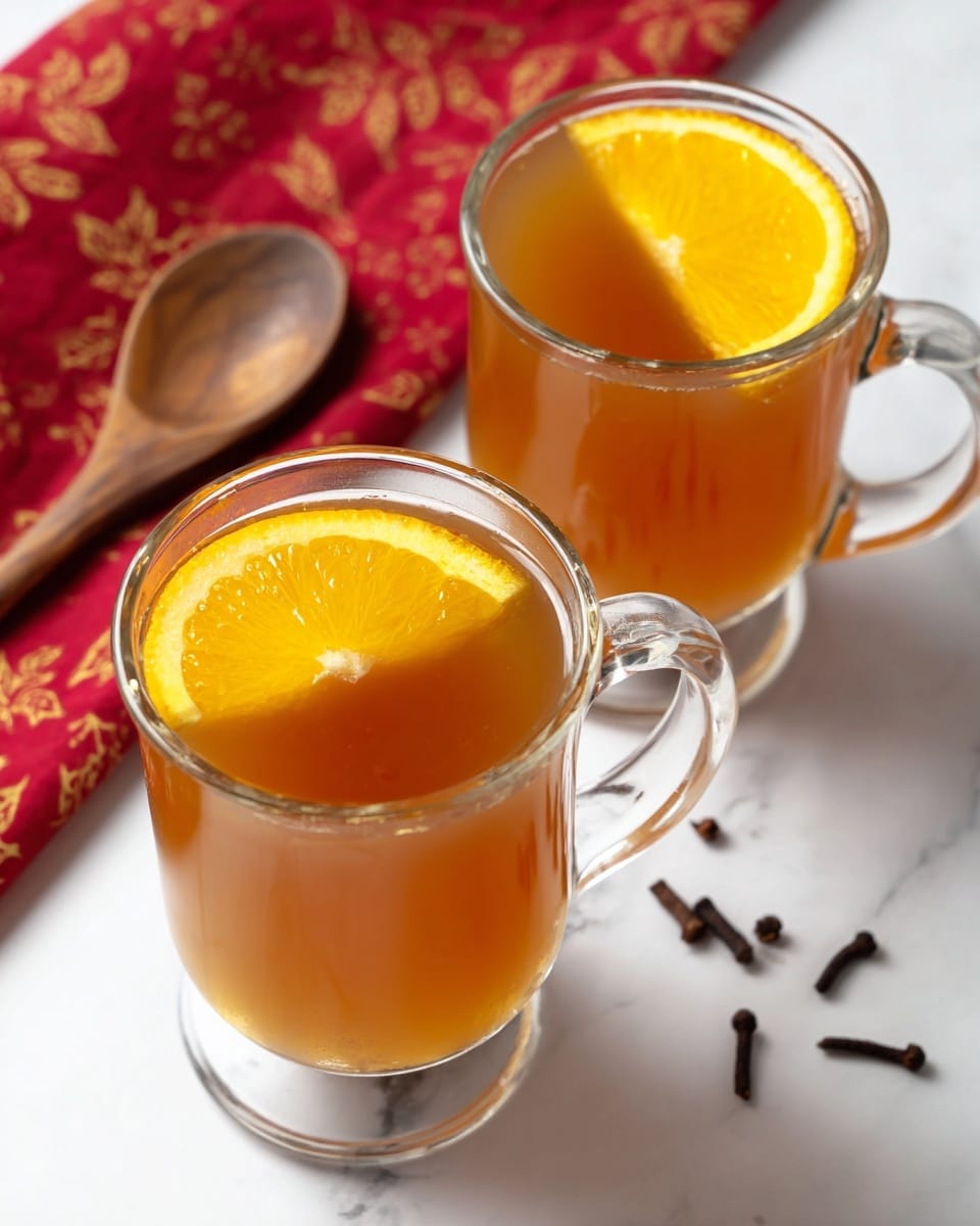 Two clear glass mugs filled with warm amber-colored liquid sit on a white marbled surface. Each mug has a bright orange slice floating on the top, adding a fresh and vibrant touch. Around the mugs, a few dark brown whole cloves are scattered casually. In the upper left corner, a wooden spoon rests on a red cloth with leaf patterns, adding a comfort and homey feeling to the scene. Photo taken with an iphone --ar 4:5 --v 7