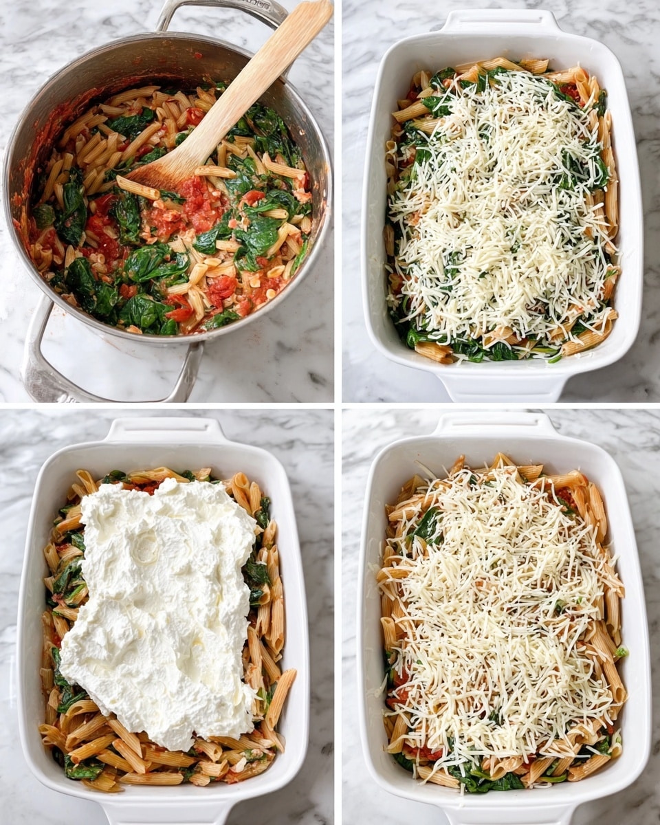 The image shows a four-step assembly of a pasta bake. The first part has a pot with cooked pasta mixed with green spinach leaves and red tomato sauce, stirred by a wooden spoon on a white marbled surface. Next, a white baking dish is filled with a layer of pasta and spinach, topped evenly with a thick, creamy white ricotta cheese layer. The third part shows the baking dish with another layer of pasta and spinach covering the ricotta. Finally, the bake is topped with a layer of grated white mozzarella cheese, spread out evenly over the pasta. Photo taken with an iphone --ar 4:5 --v 7