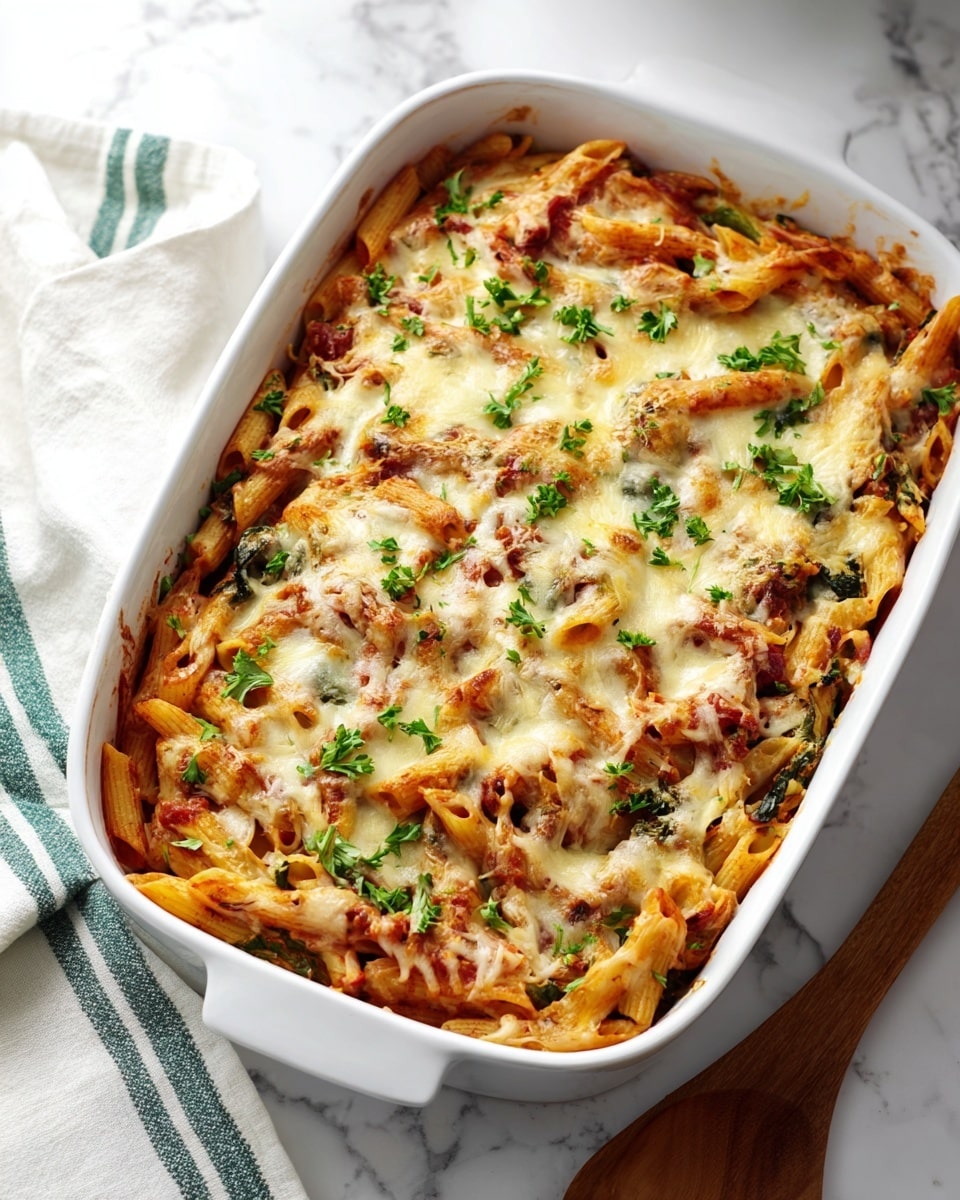 A white baking dish filled with a baked pasta casserole, showing two main layers: the bottom layer is a mix of cooked tube-shaped pasta and a reddish tomato sauce with visible green spinach leaves, while the top layer is a melted light golden cheese covering the pasta unevenly with some browned spots and fresh parsley pieces sprinkled on top. The dish sits on a white marbled surface with a wooden spoon partially visible to the side, and a white towel with green stripes in the background. Photo taken with an iphone --ar 4:5 --v 7