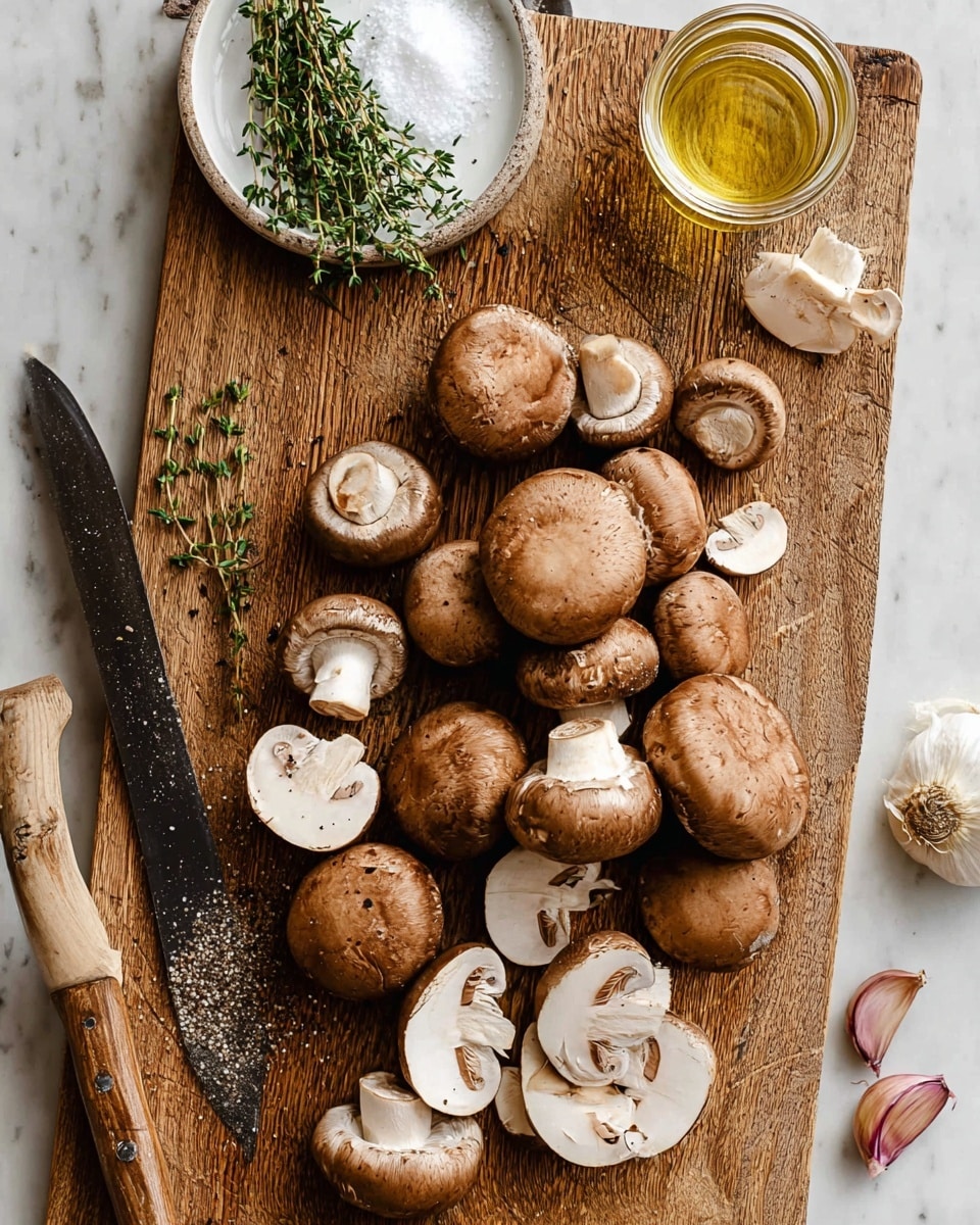 A wooden cutting board holds several whole and sliced brown mushrooms scattered across the lower half, showing their smooth brown tops and white gills underneath. On the top left corner, a small white plate holds fresh green thyme sprigs with piles of white coarse salt and black pepper beside them. To the right of the plate, a small glass jar with golden olive oil sits next to two garlic cloves with purple streaks on the skin. A knife with a wooden handle and a black blade lies to the left edge of the board. The board rests on a white marbled surface, adding contrast to the natural colors of the ingredients. photo taken with an iphone --ar 4:5 --v 7