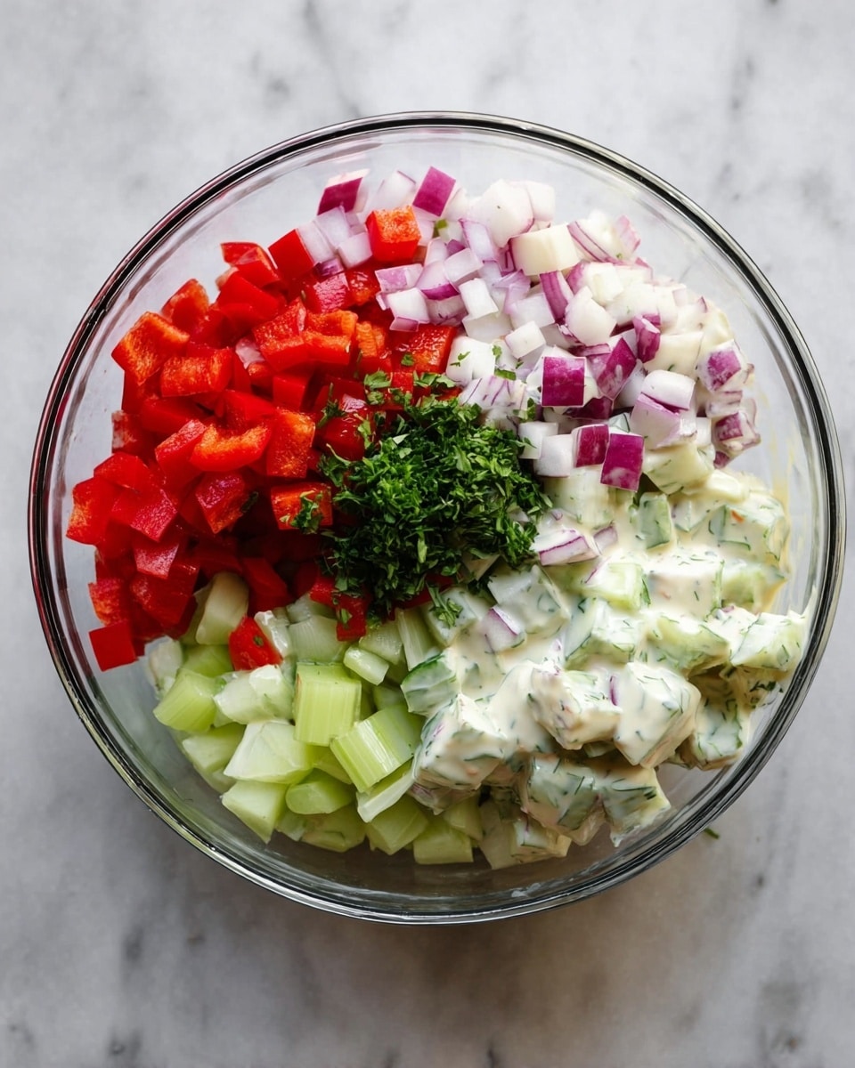 A clear bowl sits on a white marbled surface filled with five different layers of chopped ingredients. Starting from the top left, there are small bright red pieces of bell pepper, next to them on the right are white and purple cubes of radish and red onion mixed together. Below these is a small pile of chopped green herbs in the center. To the left of the herbs, pale green celery pieces form a small mound. The bottom right section of the bowl contains light green cucumber chunks covered in a creamy white dressing with some visible herbs mixed in. The layers are fresh and colorful, showing a mix of different textures and shapes photo taken with an iphone --ar 4:5 --v 7