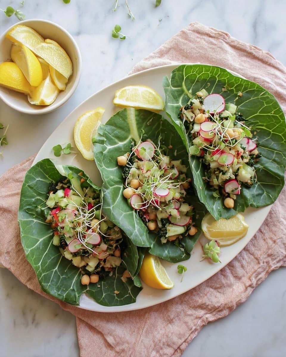 Three large dark green leafy wraps lie side by side on a white oval plate. Each leaf holds a mixed filling with small round chickpeas, diced pale green cucumber, tiny red bell pepper pieces, and thin slices of white radish with pink edges. The filling is topped with thin strands of green herbs and microgreens. Bright yellow lemon wedges are placed on top of and around the wraps. To the left, there is a small white bowl with lemon wedges, and a woman's hand is not visible. The whole scene is set on a white marbled surface with a soft light pink cloth underneath the plate. Photo taken with an iphone --ar 4:5 --v 7