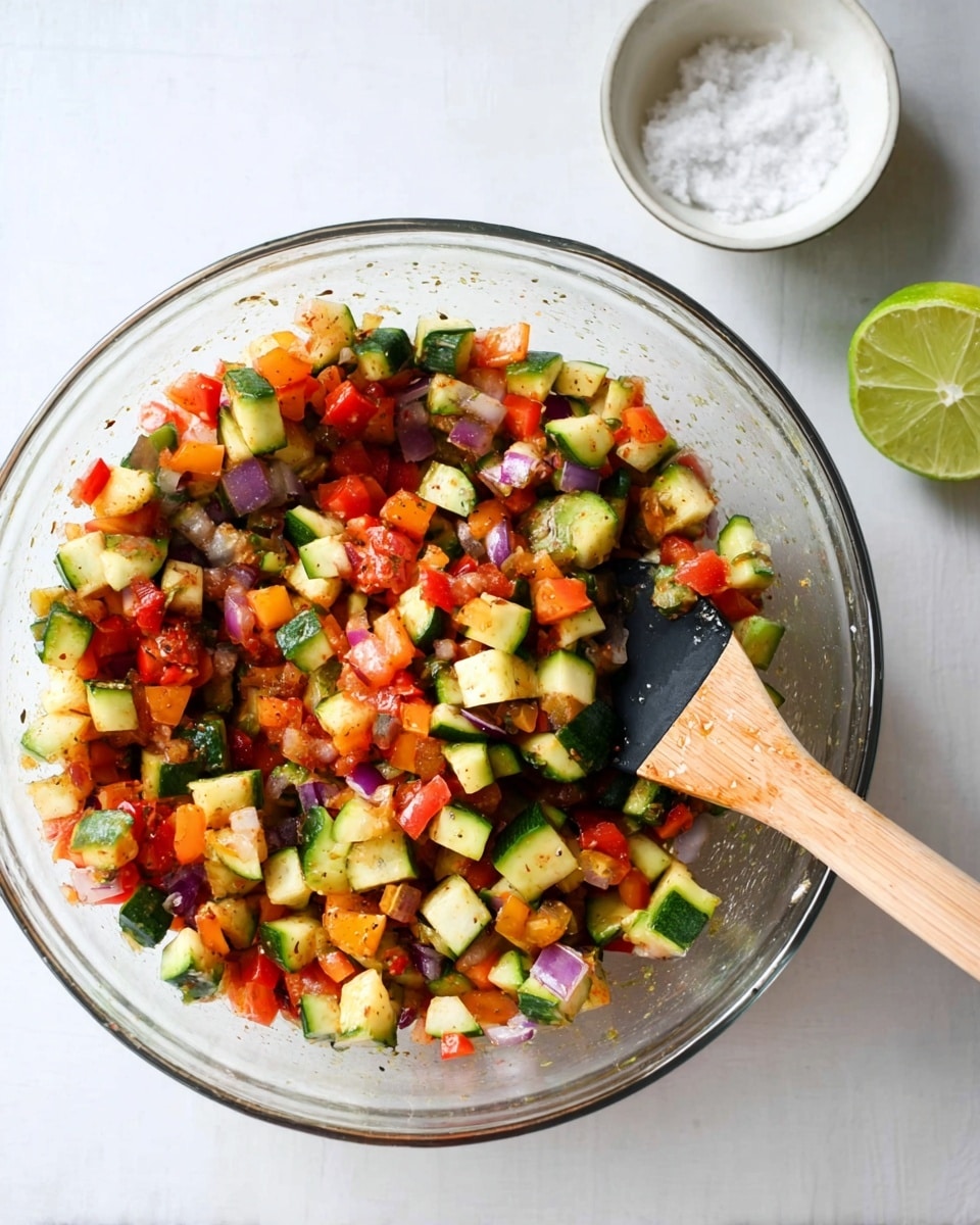 The image shows a clear glass bowl filled with a colorful mixture of small diced vegetables that include green zucchini, red tomatoes, orange bell peppers, and bits of purple onion, all mixed together with visible specks of seasoning. Inside the bowl, there is a wooden spoon with a light wooden handle and a black silicone head resting in the mixture. The bowl is placed on a white marbled surface. To the top right of the bowl, there is a halved lime with bright green skin and pale green flesh, along with a small white bowl containing coarse sea salt. Photo taken with an iphone --ar 4:5 --v 7