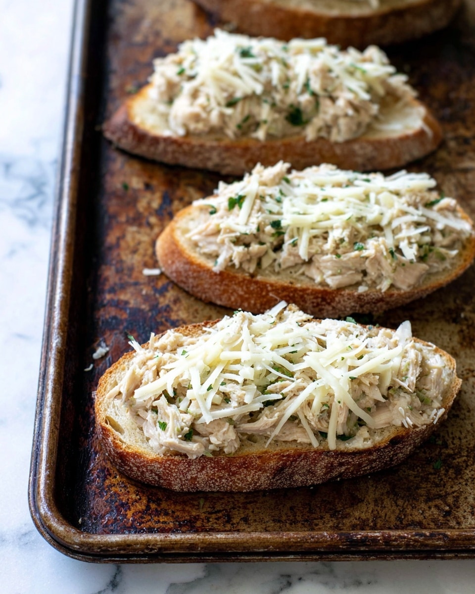 The image shows three slices of toasted bread placed on a rustic baking tray. Each slice is thick and golden brown with a rough crust. On top of the bread is a thick layer of a creamy, pale beige mixture that looks like a tuna salad with bits of green herbs spread evenly across the surface. The final layer is shredded white cheese scattered generously over the tuna mix, adding texture and a slight contrast in color. The background surrounding the tray is a white marbled surface. photo taken with an iphone --ar 4:5 --v 7