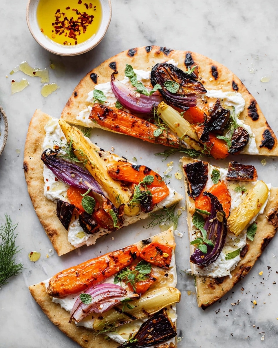The image shows a flatbread pizza divided into three large triangular slices, placed on a white marbled surface. The flatbread crust is light brown with some dark grill marks. On top, there is a layer of white creamy cheese spread evenly across each slice. Over the cheese, there are roasted vegetable pieces including bright orange carrot chunks, dark caramelized slices, pale yellow parsnip or similar root vegetables, and thick purple onion wedges. Small green leafy herb sprigs are scattered on top of each slice, adding a fresh touch. To the top left of the flatbread, there is a small white bowl containing a golden-colored oil with red chili flakes floating inside. Near the edge of the image, some loose herb leaves and drops of oil are visible on the surface. The photo taken with an iphone --ar 4:5 --v 7